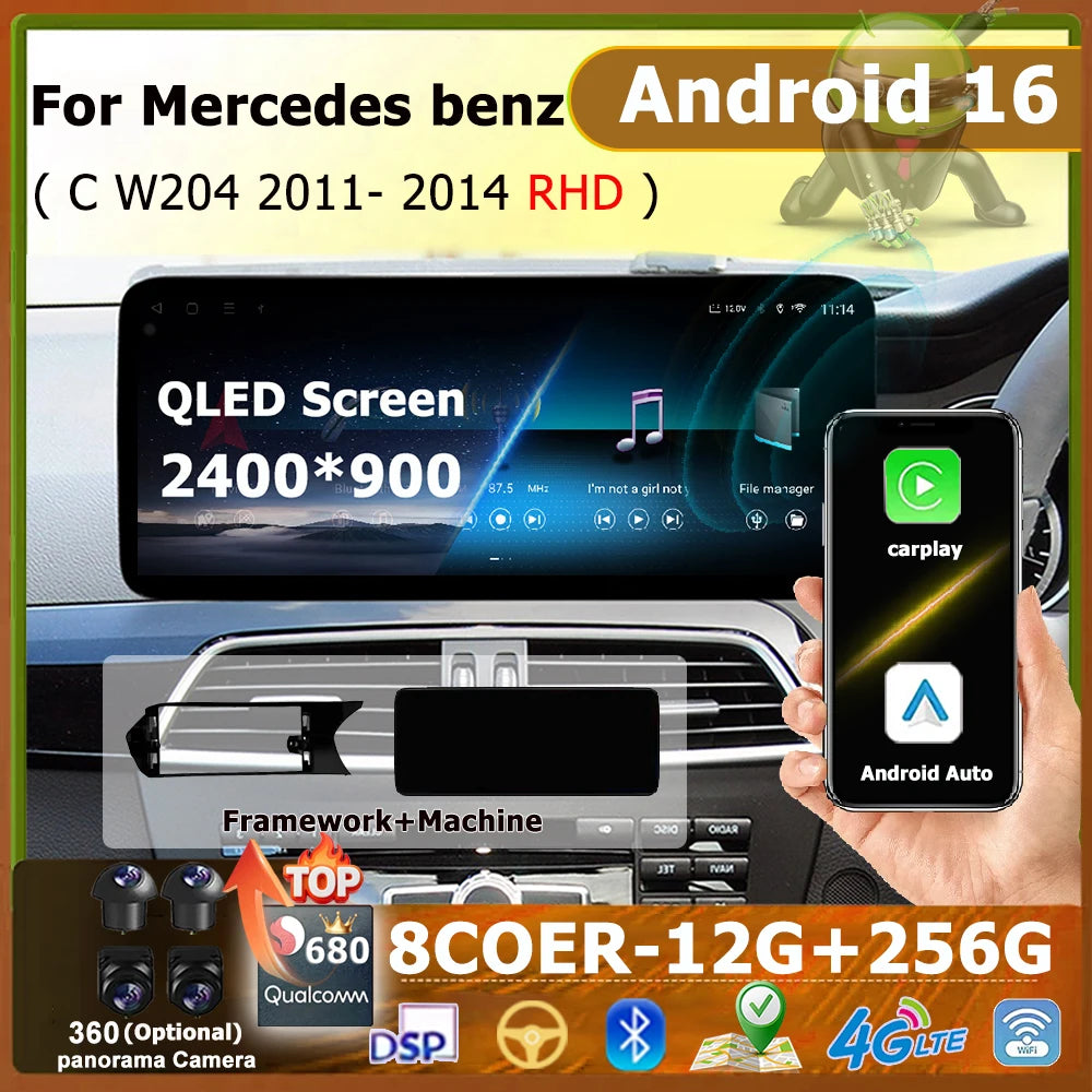 Carplay BT 4G WiFi For Mercedes Benz C Class W204 2011 - 2014 RHD Android 16 Stereo Car Ra