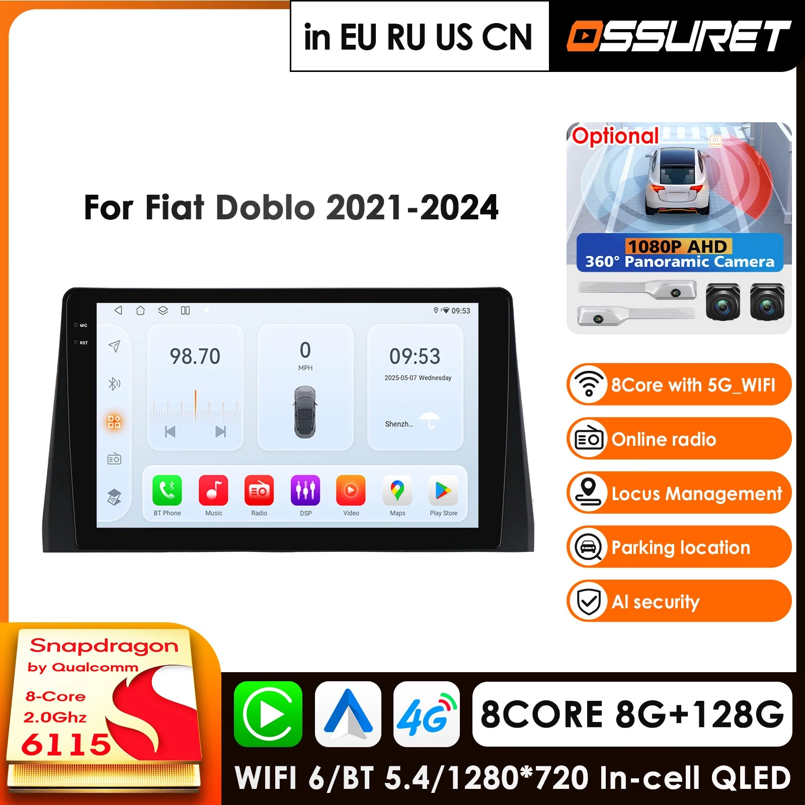 10.1" Car Radio GPS for Fiat Doblo 2021-2024 Android 14 Carplay 2 Din Qualcomm 6115 360° ADAS Camera