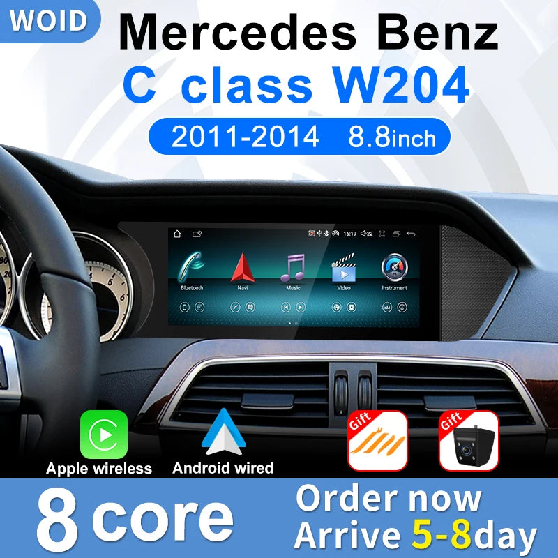 For Mercedes Benz C Class W204 S204 2011-2014 NTG4.5 8.8 inch Screen Android14 Auto Radio