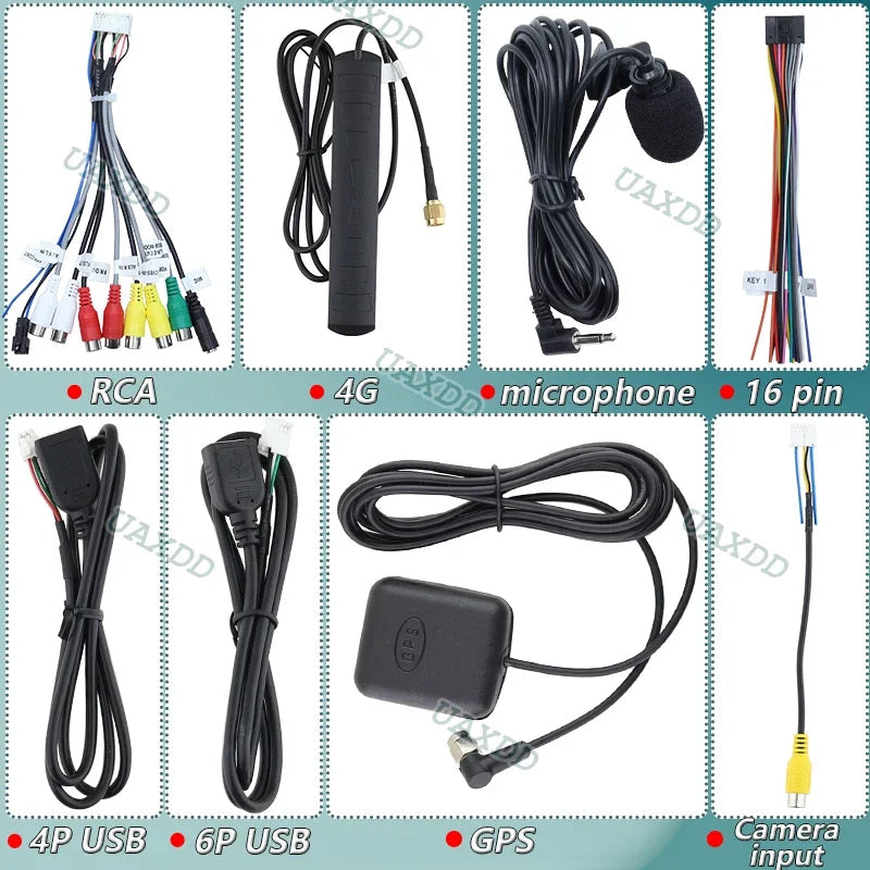 Car Android 4P 6P Camera Input Cable Harness Universal 16 Pin Wiring USB Port Adapter GPS