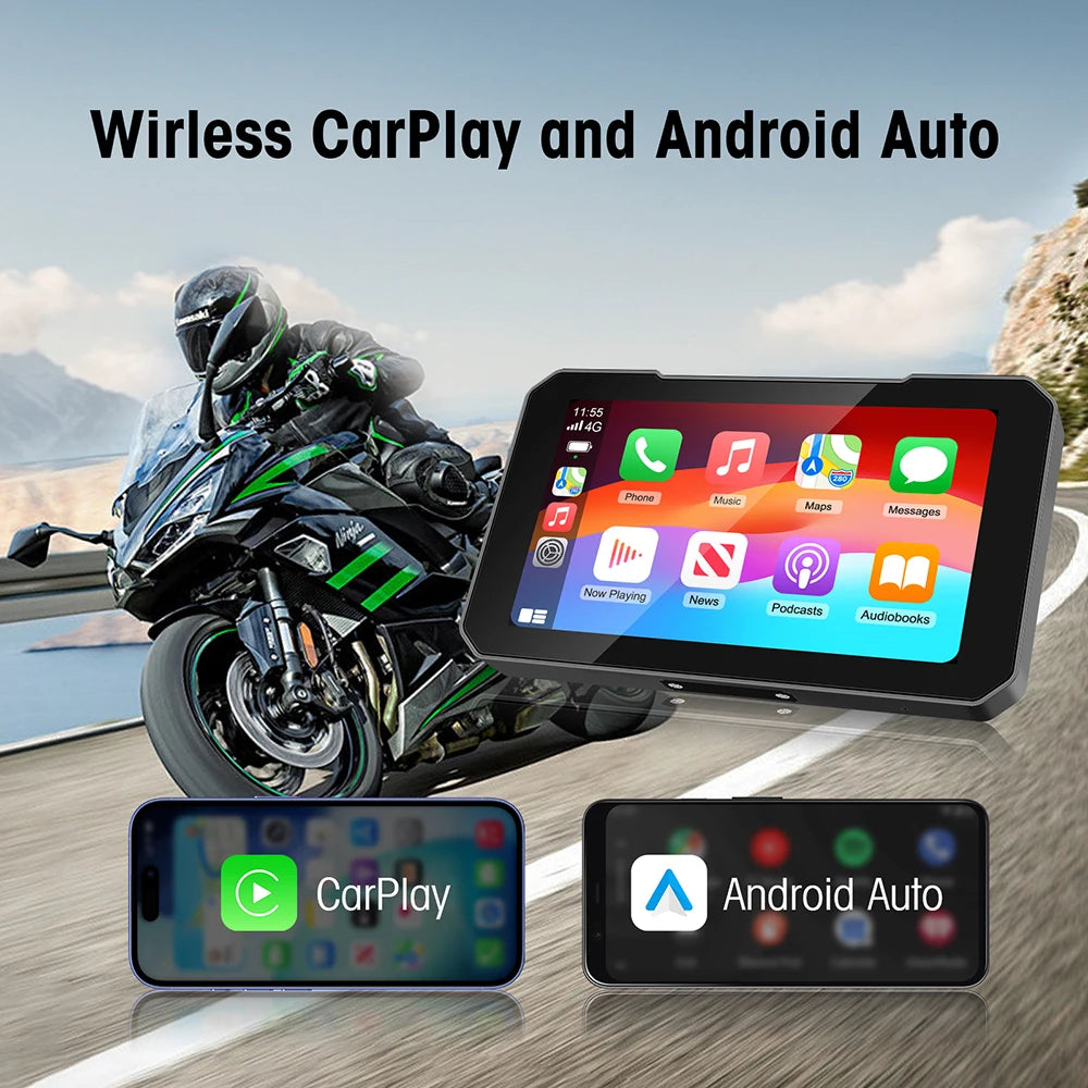 5" Portable Motorcycle Navigation GPS Wireless Carplay&Android Auto Moto Monitor IPX67 Wat