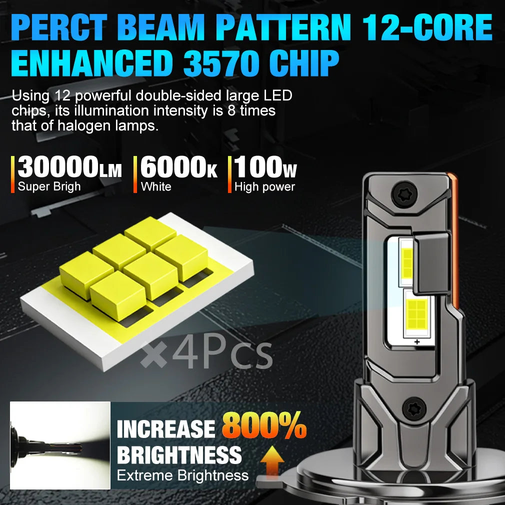 TOAUTO H4 LED Canbus 30000LM 100W H7 H11 LED Lights for Car H4 High Low Beam Auto Turbo La