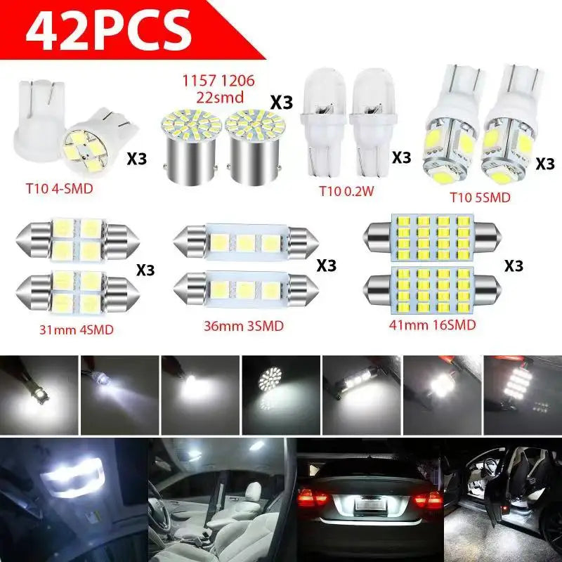 Universal 42Pcs LED T10 COB Interior White Combo LED Dome Door Trunk License Plate Light B
