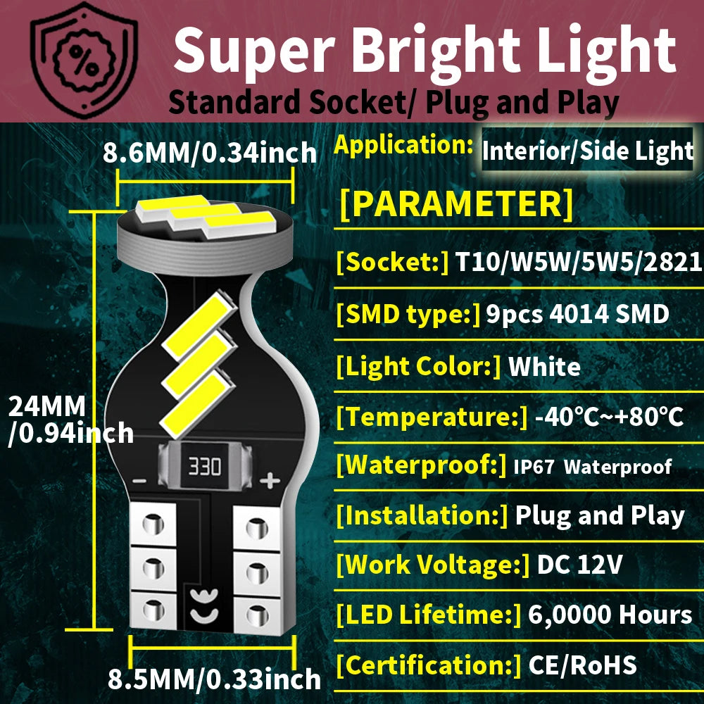 LED Interior Light Kit for Peugeot W5W T10 - Canbus Error-Free Interior Bulbs