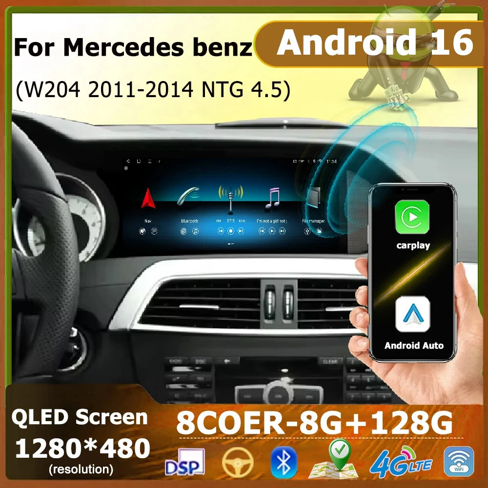 Android 16 QLED Touch Screen Carplay Radio For Mercedes W204 2011-2014 GPS Navi Head Unit