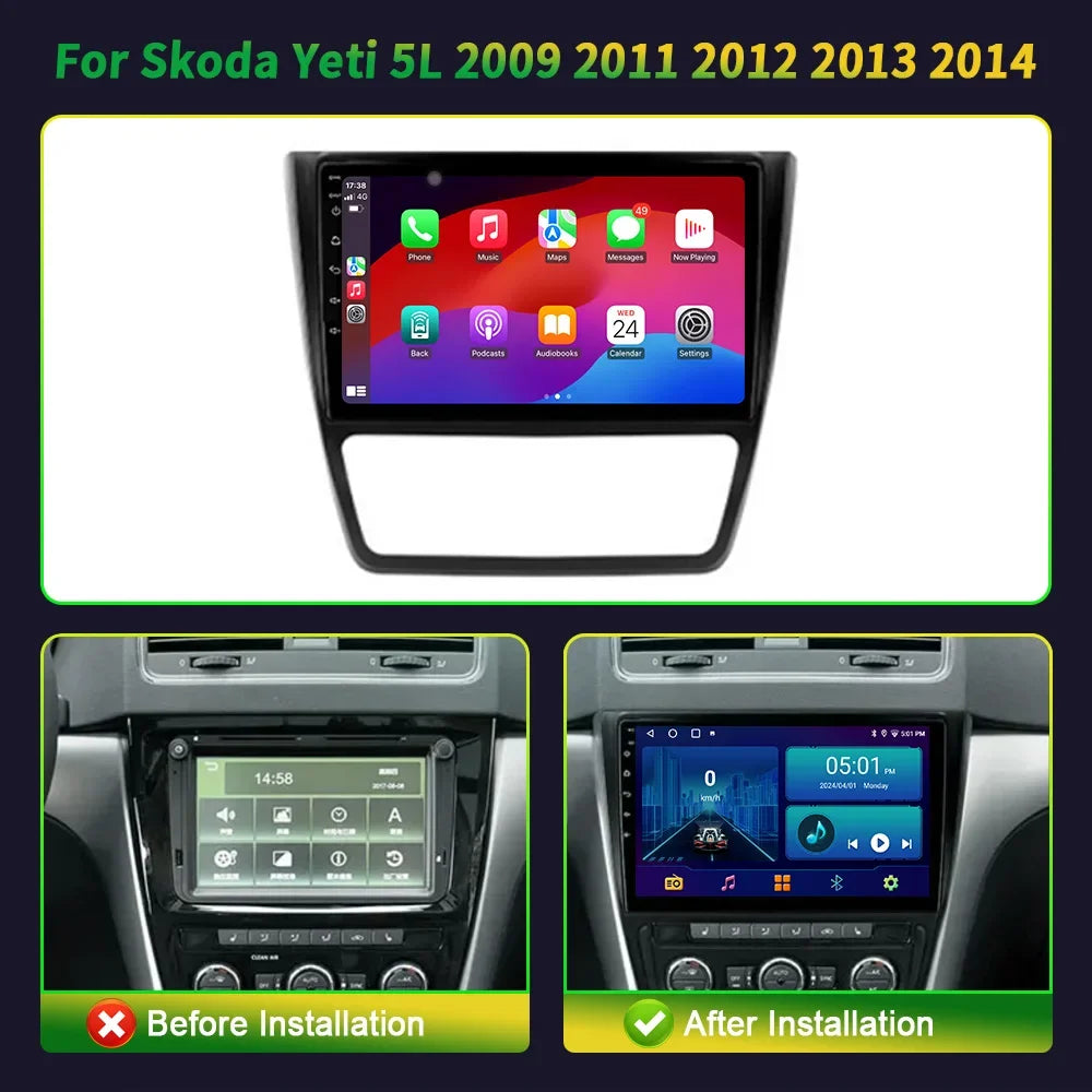 10inch Car Radio Android 16 For Skoda Yeti 5L 2009 2011 2012 2013 2014 BT Carplay Multimed