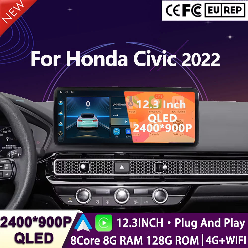 12.3 Inch QLED Screen Car Radio for Honda Civic 2022 Android Octa Core Car Stereo No 2din  | AUTOKITSHOP