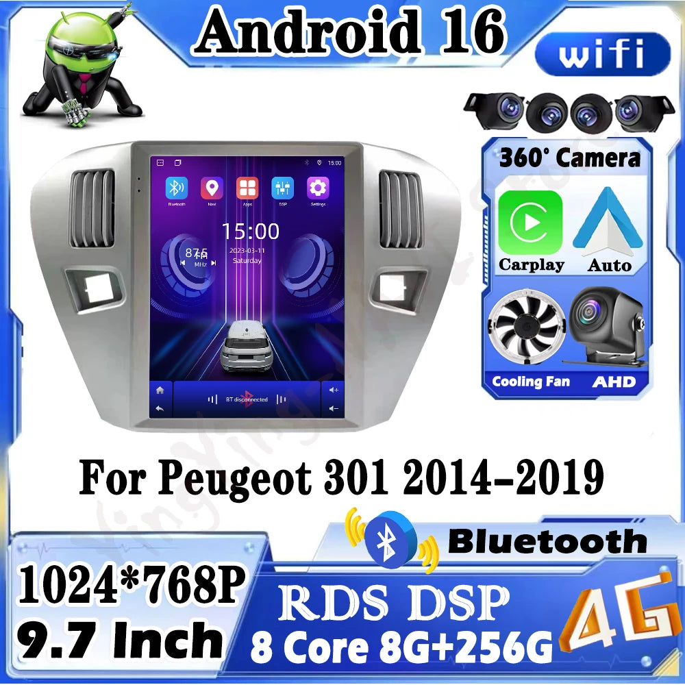8 Core 4G For Peugeot 301 2014-2019 BT Car Multimedia Video Player Android 16 Wireless Car