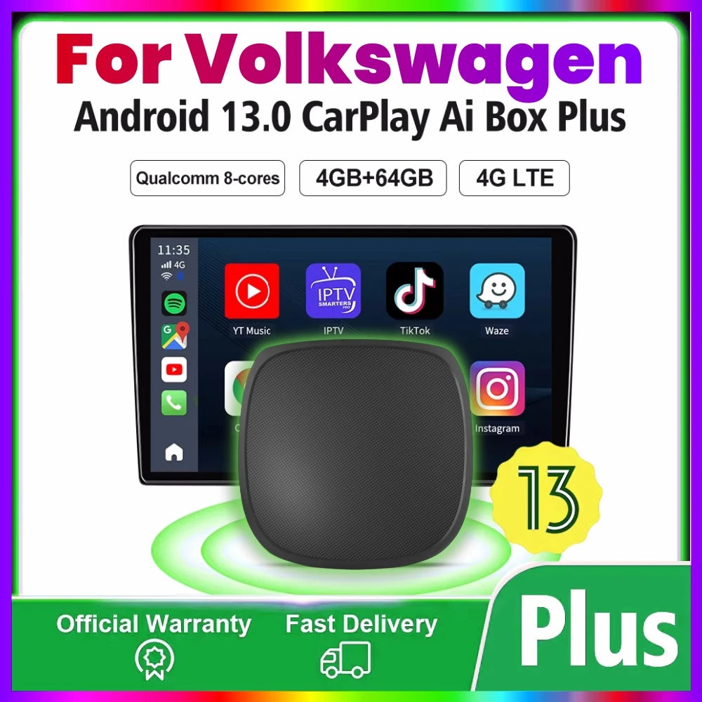 Android 13 CarPlay Ai Box 4+64G GPS 4GLTE For YouTube Netflix For Volkswagen Tiguan Jetta  | AUTOKITSHOP