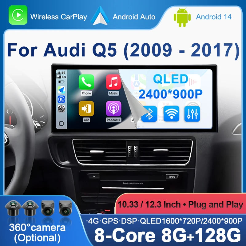 Wireless CarPlay Android 14 For Audi Q5 2009-2017 12.3inch Car Video Players GPS Navigatio
