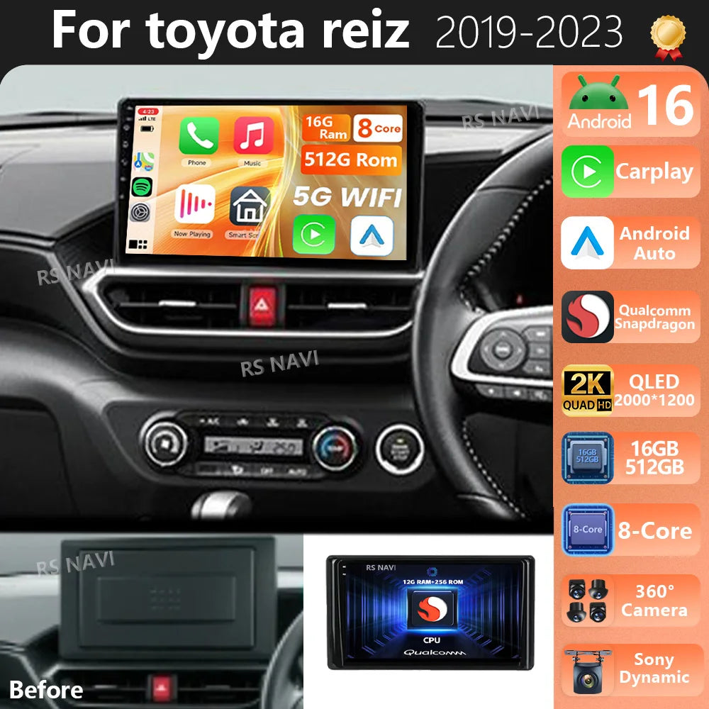 Android 16 Carplay Auto Qualcomm 2K QLED Screen Car Radio Player For Toyota REIZ Reiz 2019