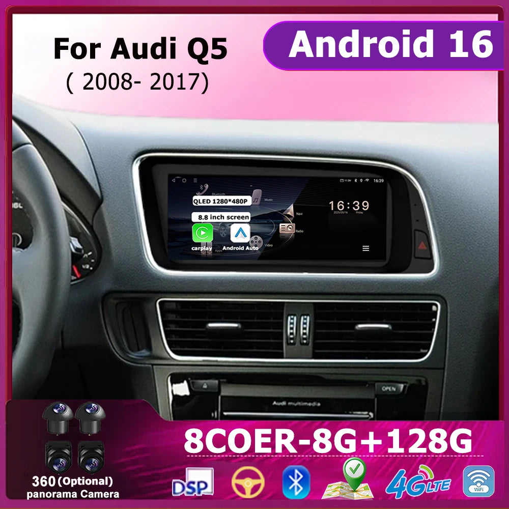 Android 16 8.8 inch QLED Screen For Audi Q5 2008 2009 - 2017 Wireless Carplay Car Video Mu