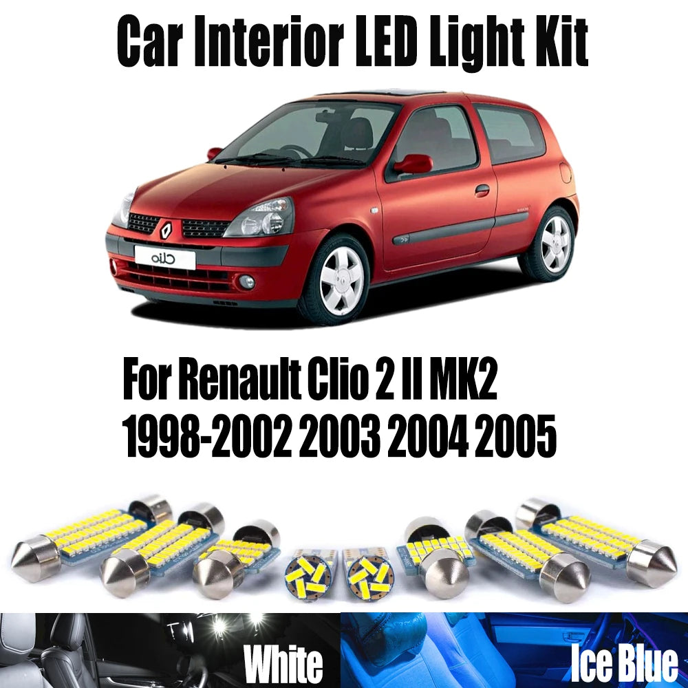 8-Piece LED Interior Light Kit for Renault Clio 2 II MK2 1998-2002 - Canbus Dome Map Door Trunk Bulbs | AUTOKITSHOP