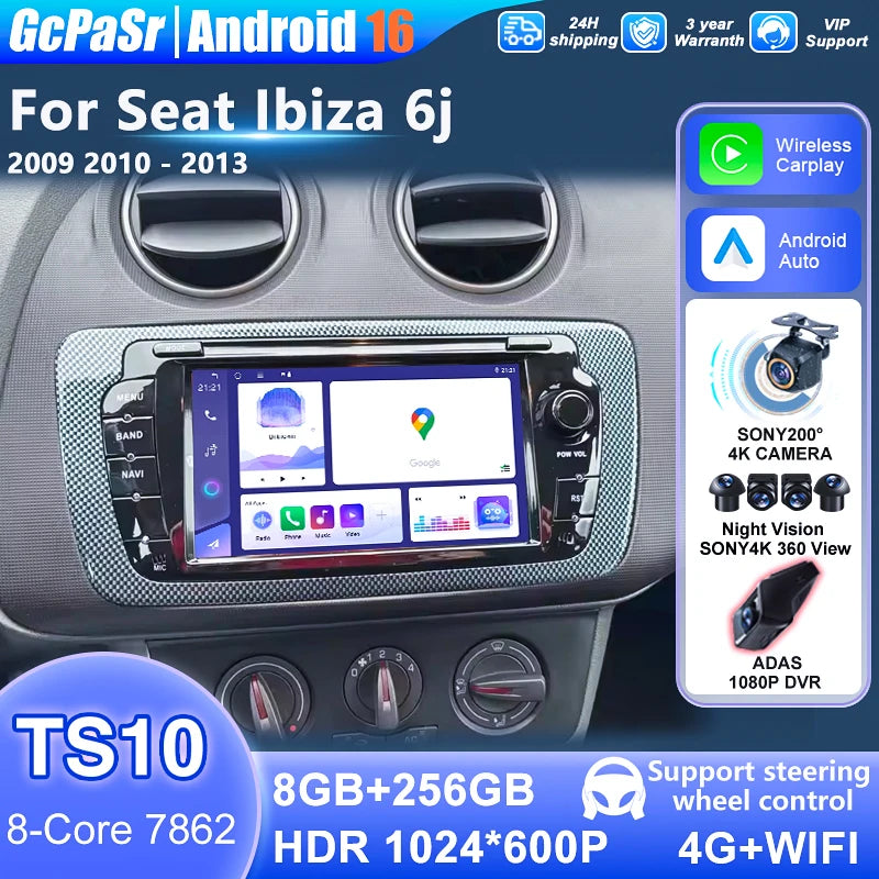Android 16 CarPlay Car Radio For Seat Ibiza 6j 2009 2010 2011 2012 2013 5G WiFi Auto Multi