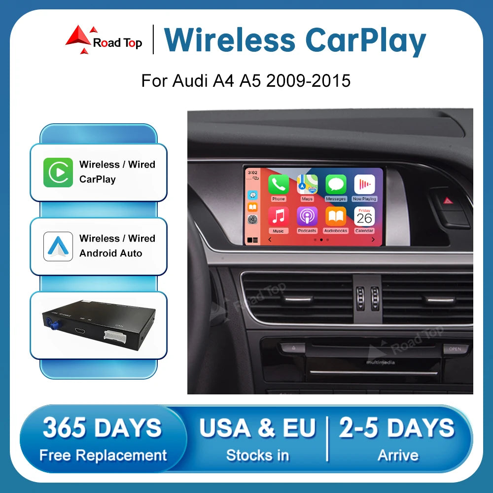 Road Top Wireless CarPlay Android Auto for Audi A4 B8 A5 Q5 2009-2015, with AirPlay Mirror | AUTOKITSHOP