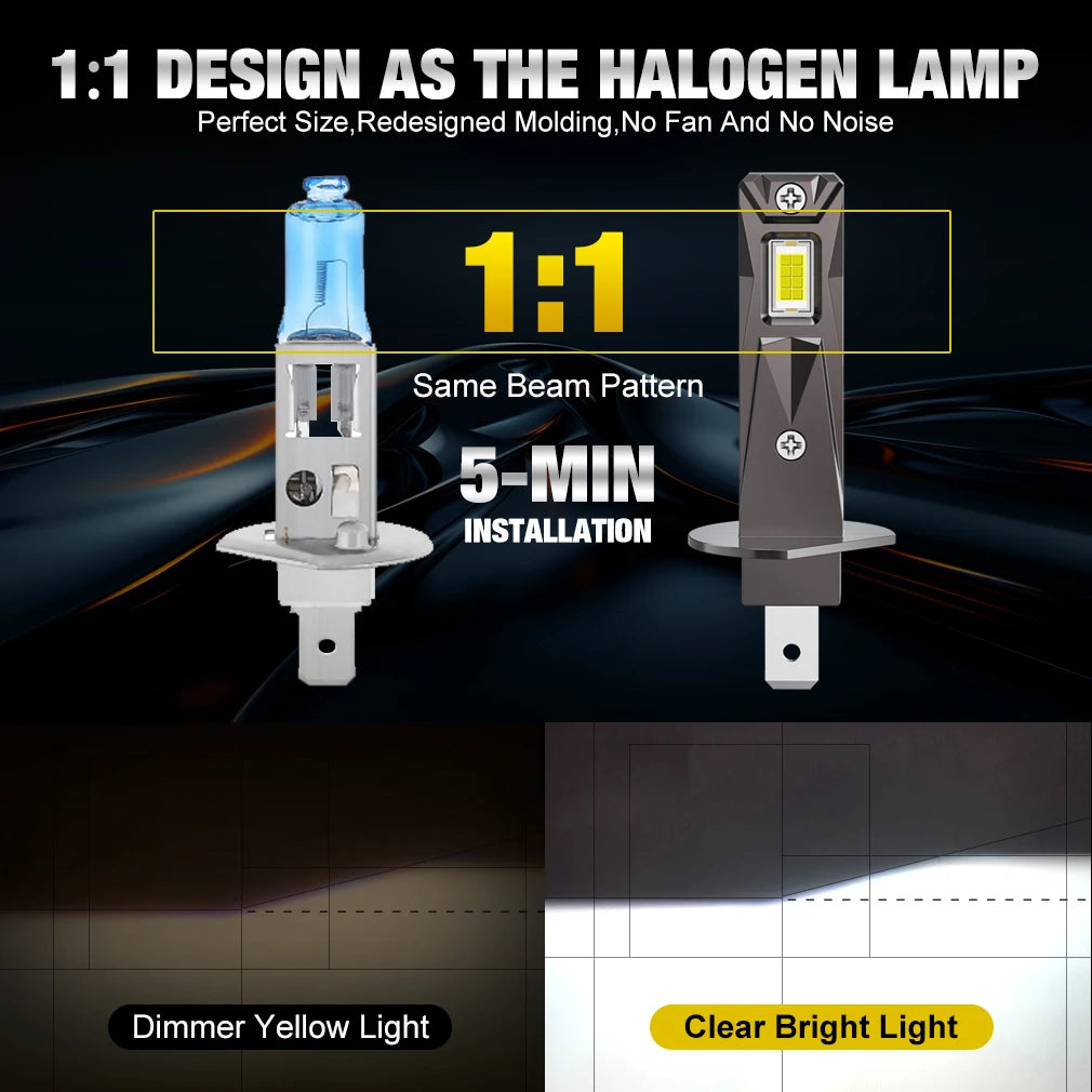30000LM H1 LED Headlights 120W 16PCS 3570 CSP High Low Beam Turbo Auto Light 1: 1 Fanless