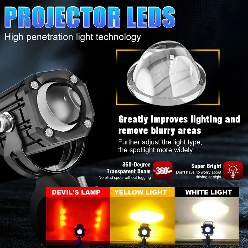 2pc Motorcycle Projection LED Headlight Lens Bi-color Auxiliary Spotlight Red Flashing War