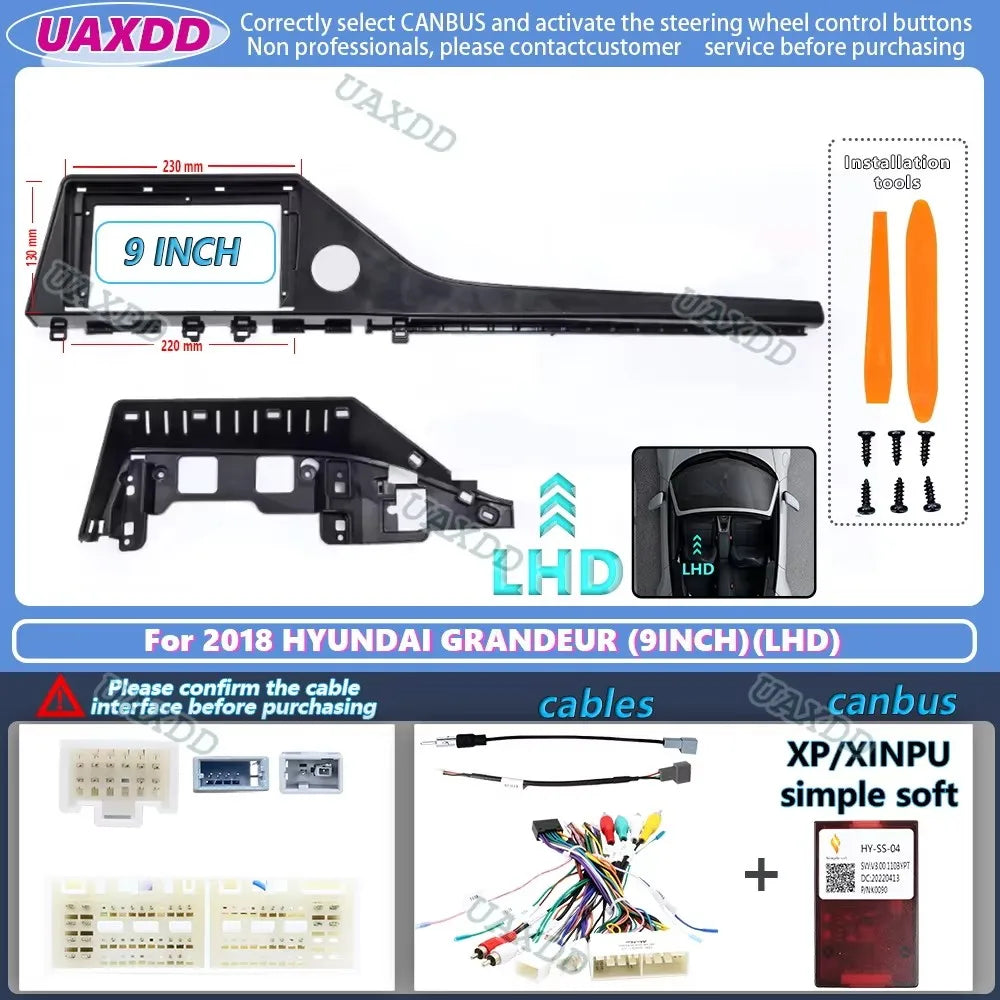 For 2018 HYUNDAI GRANDEUR 9INCH 2 Din Car radio Android frame Center fascia cable video ha