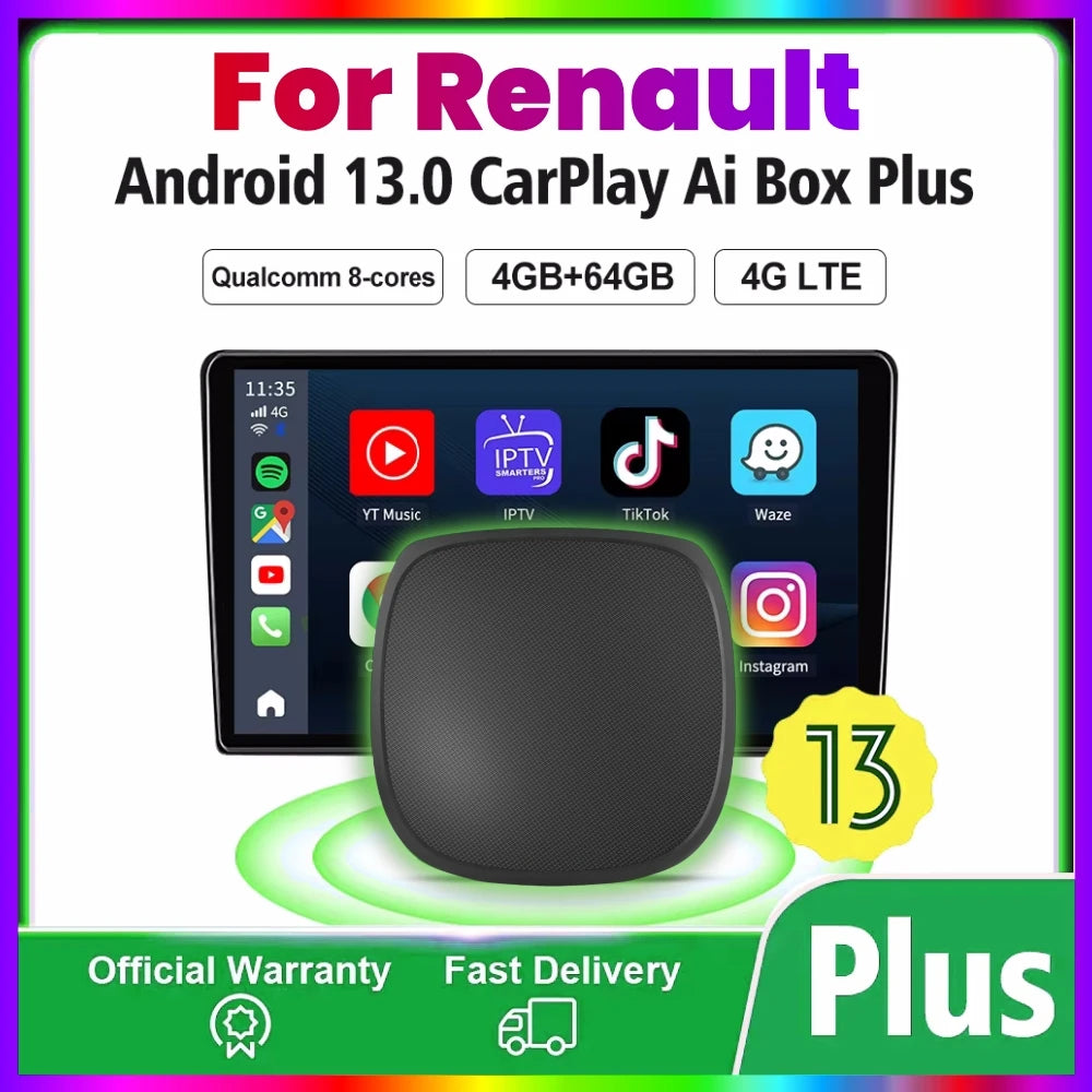 Smart Android 13 CarPlay Ai Box 4+64G GPS 4GLTE For YouTube Netflix For Renault Arkana Cap | AUTOKITSHOP