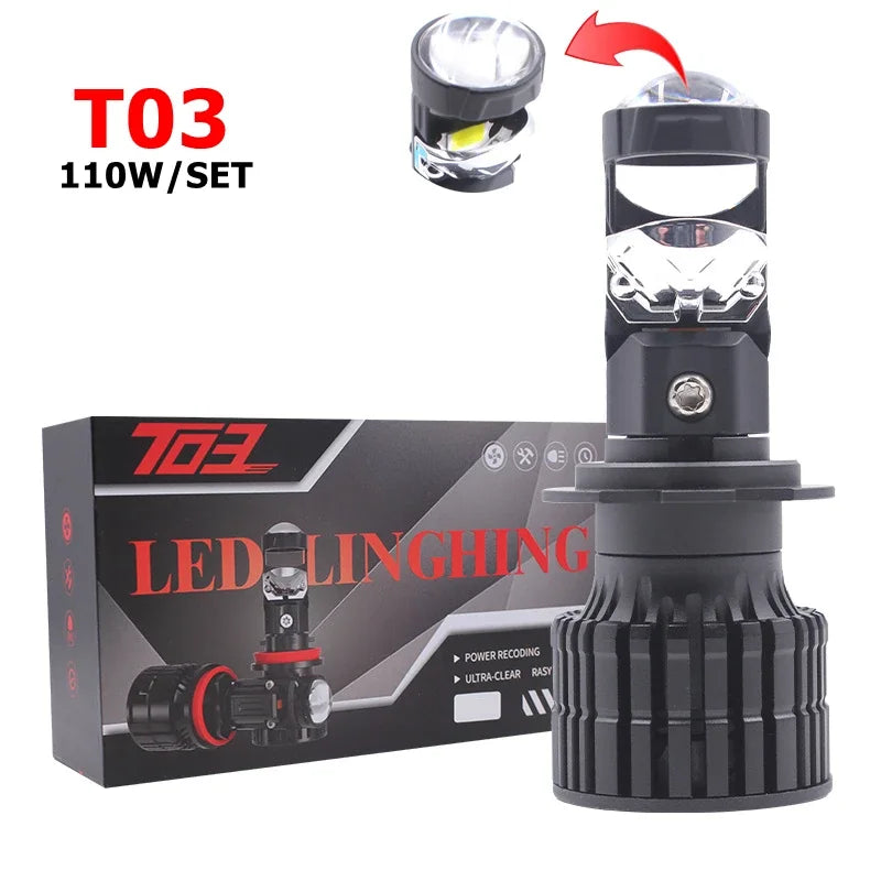 T03 Car Projector 110W H4 Mini Car Led Light H4 H7 Proyector H4 H7 H8 9005 9006 Lens Canbu