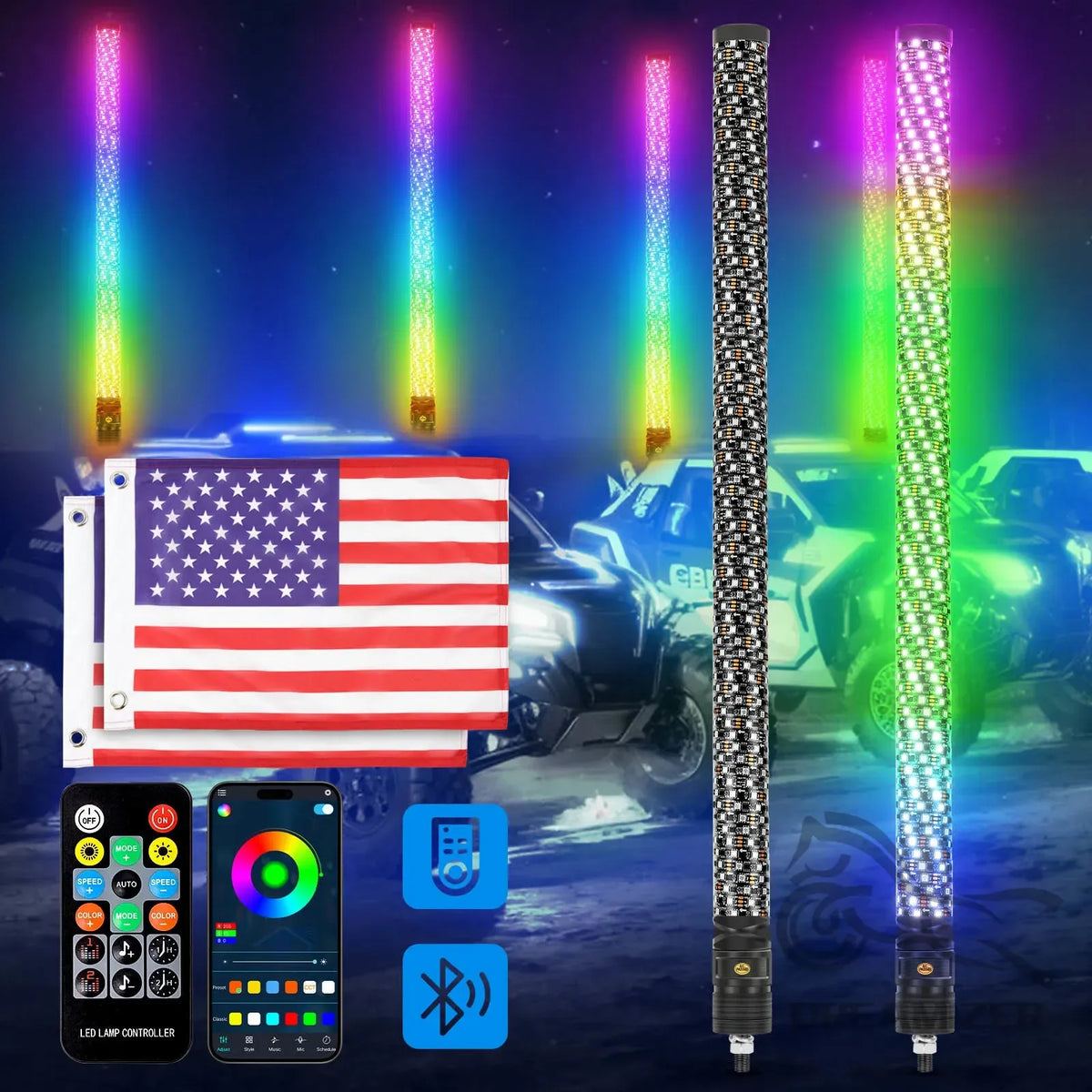 2PCS 3FT Fat Whip Lights With App Remote Control LED Lighted Antenna Whip with Brake Function Sp - Automotive LED Light