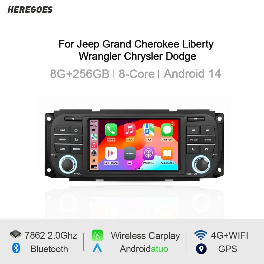 7" Car Radio Android 14 GPS for Jeep Grand Cherokee Liberty Wrangler Chrysler Dodge Durango - Carplay Multimedia Stereo