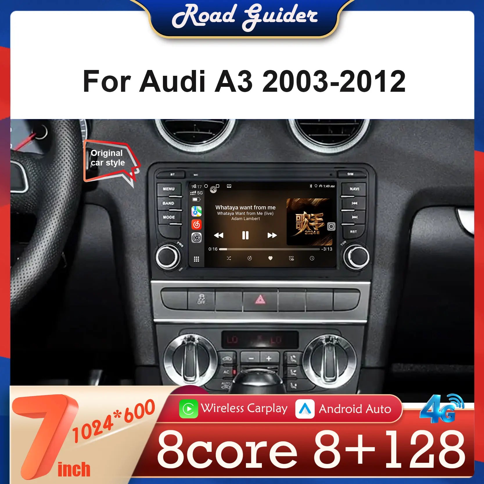 7" Carplay Auto Radio Android 14 For Audi A3 8V 8P 2003-2012 S3 RS3 Car Multimedia Player