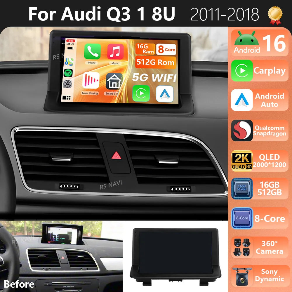 Plug and Play Android 16 For Audi Q3 1 8U 2011 - 2018 2K QLED Android Car Radio Multimedia