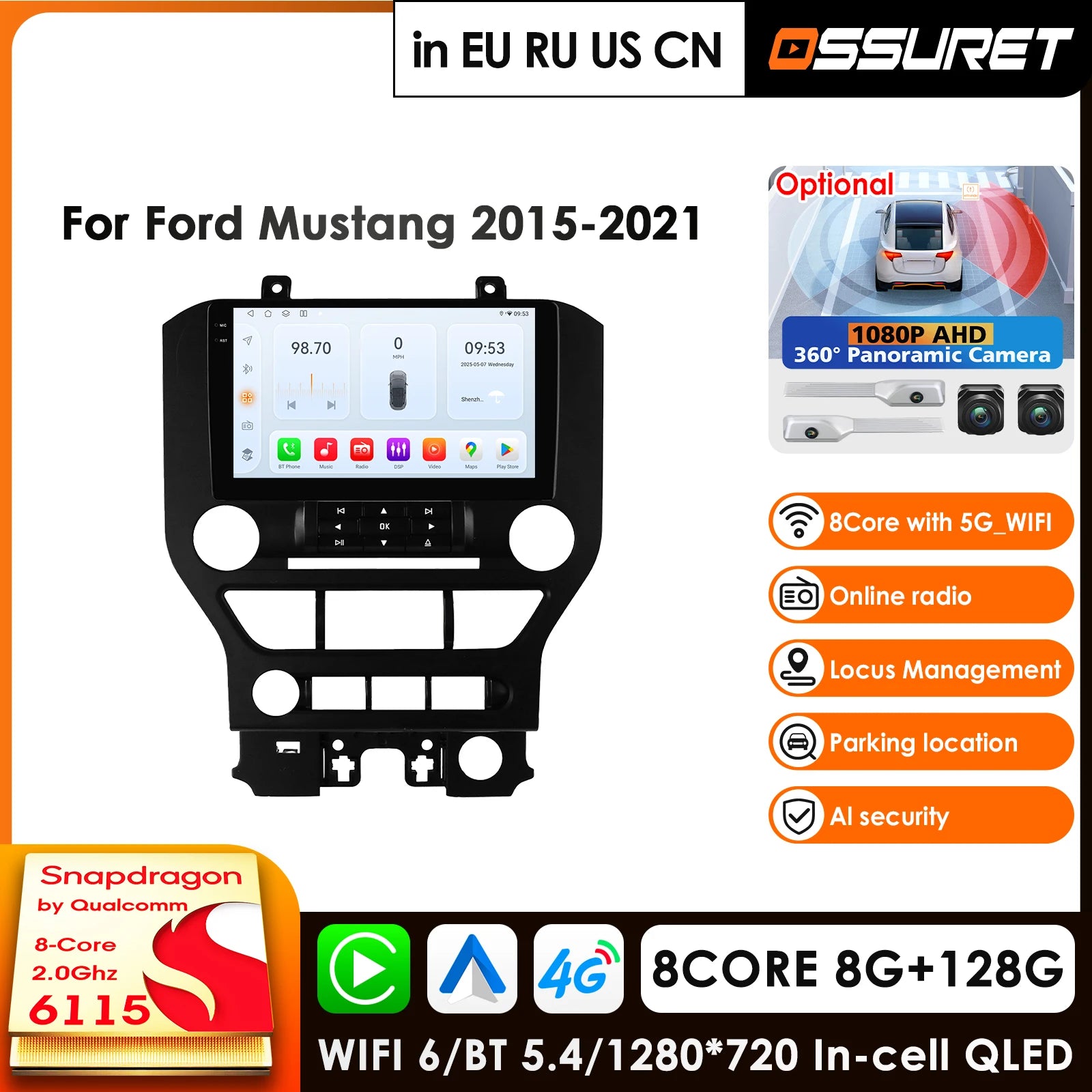 9" Wireless Carplay Android Auto Car Multimedia Player for Ford Mustang 2015-2021 - 4G Autoradio 360° Camera