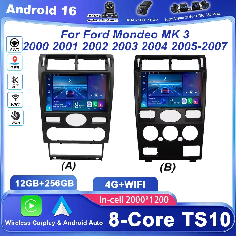 Android 16 Radio Stereo For Ford Mondeo MK 3 2000 2001 2002 2003 2004 2005-2007 Auto Multi