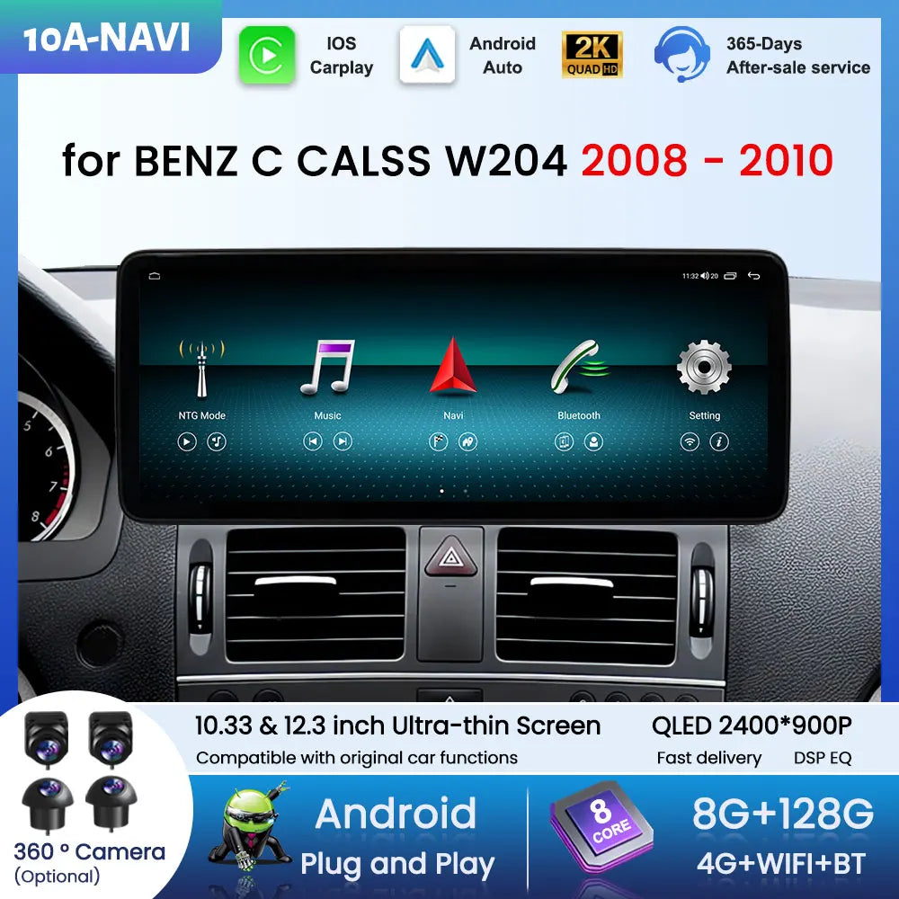 Android 16 GPS for Benz C Class W204 2008 2009 - 2010 BT Ultra-thin Screen Car Multimedia