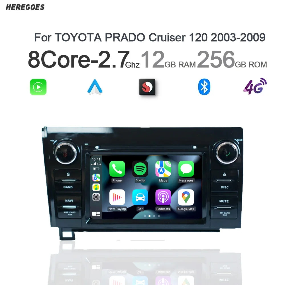 7" Wireless Carplay Android 14.0 12G+256G 8Core GPS Car Radio Multimedia Player for Toyota Prado Cruiser 120 2003-2009 -