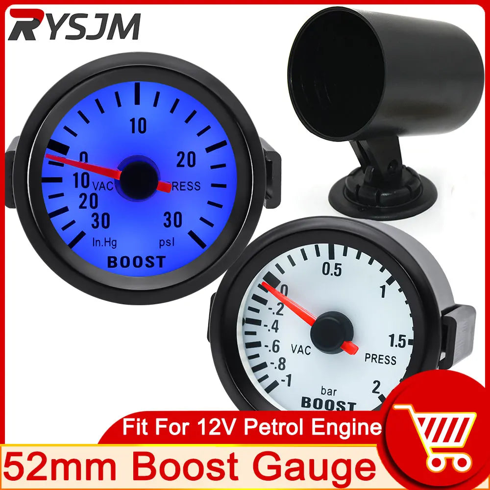 AD Universal 52mm Bar Blue Led Light Pressure Turbo Boost Gauge Meter With Sensor, Holder 12V Bo - Automotive LED Light