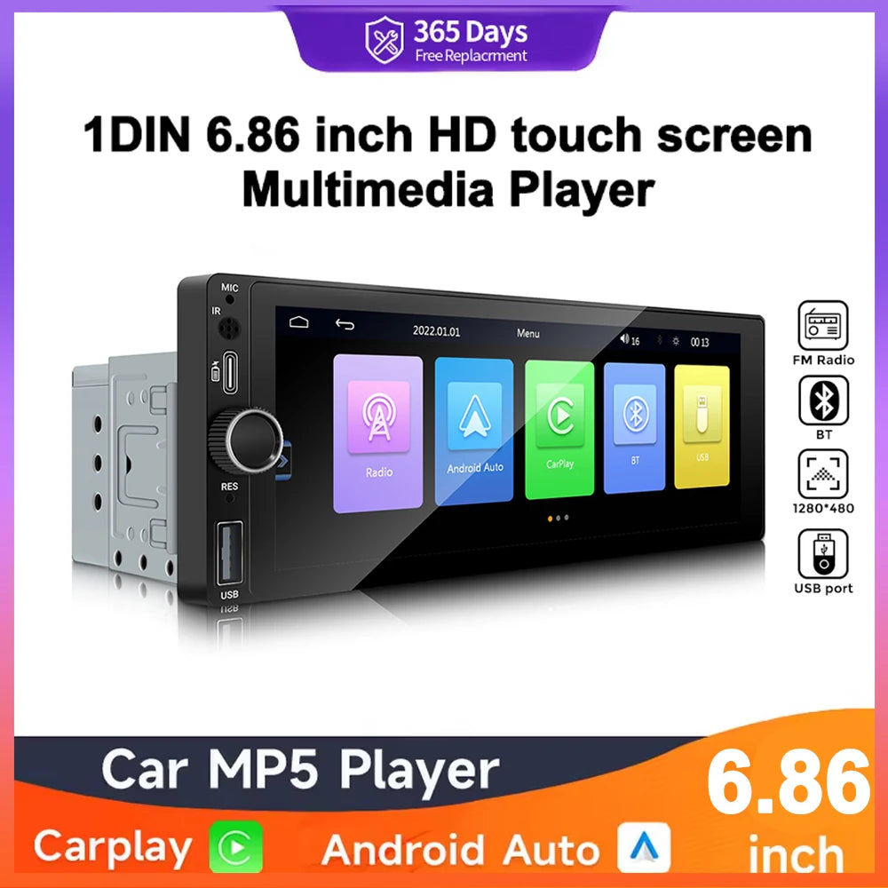 Universal 1 Din Android 6.86 Inch HD Touch Screen Wireless CarPlay Auto Car Radio Multimed