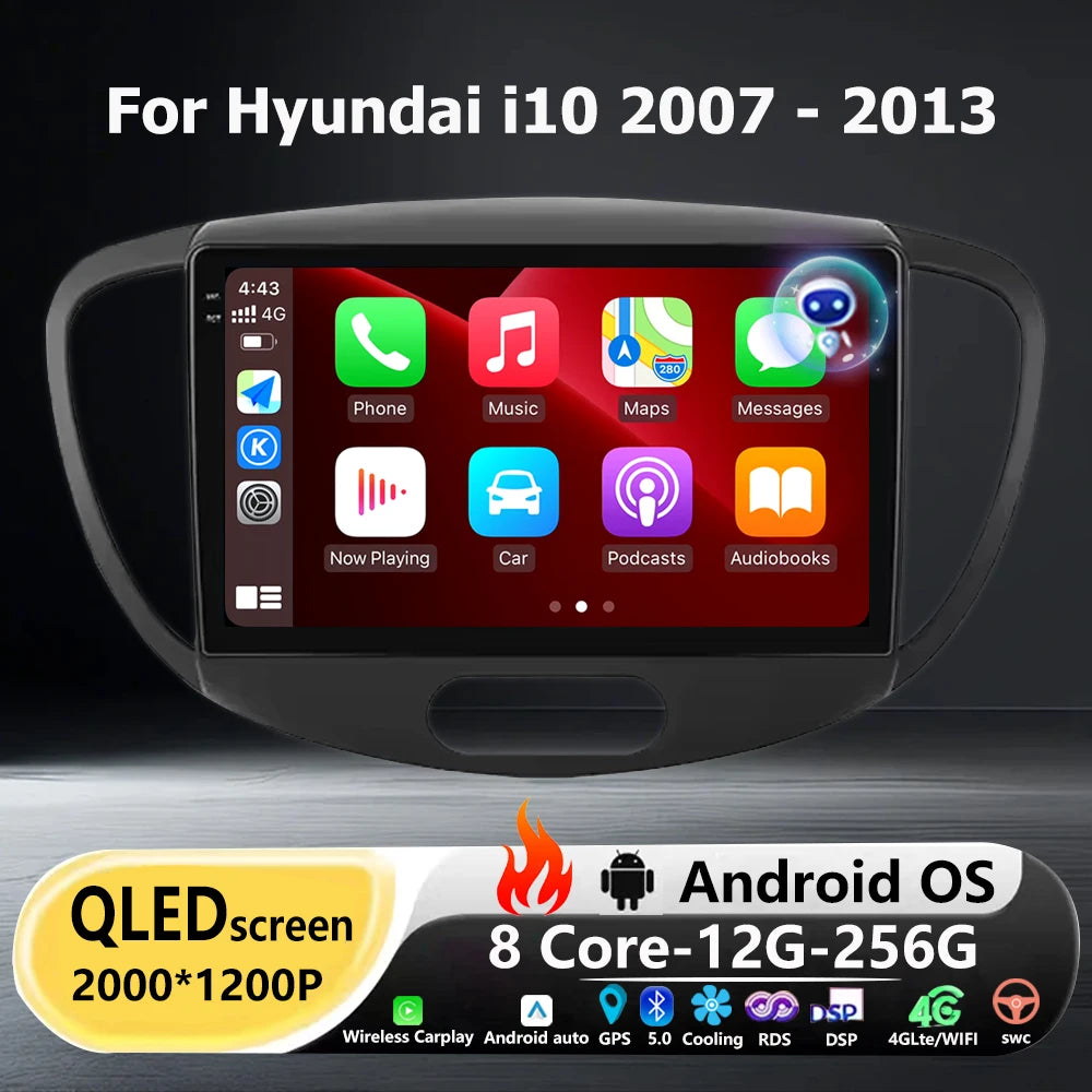 Wireless Carplay For Hyundai i10 2007 2008 2009 2010-2013 Android 16 Auto Car Radio Multim