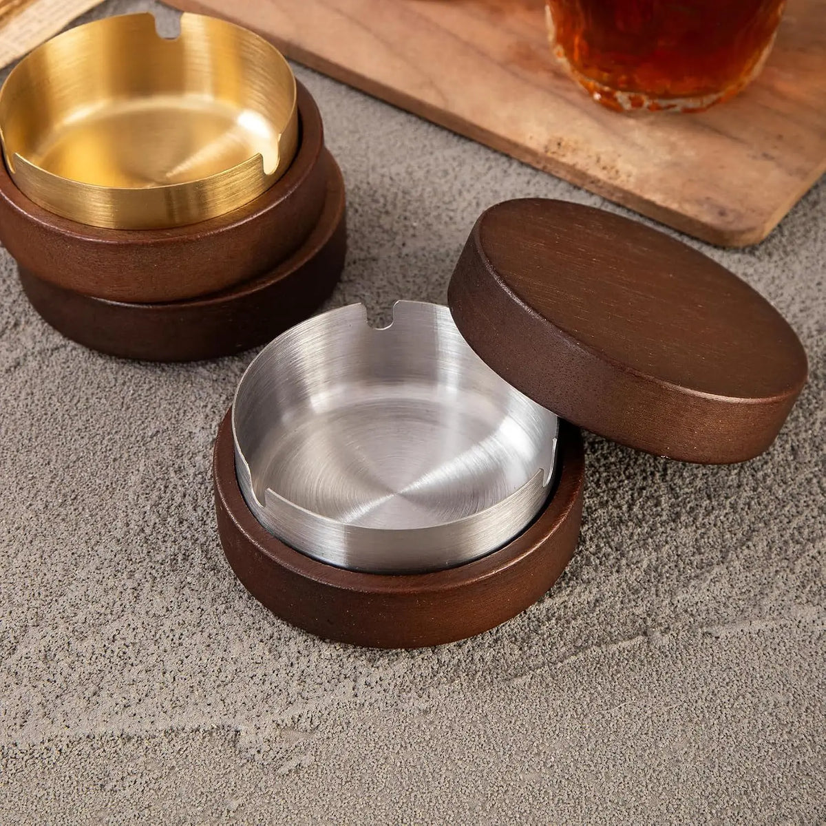 Wooden Ashtray with Lid Windproof Smoke‑Proof Stainless Steel Lining Easy Clean Decorative Ash H - Automotive LED Light