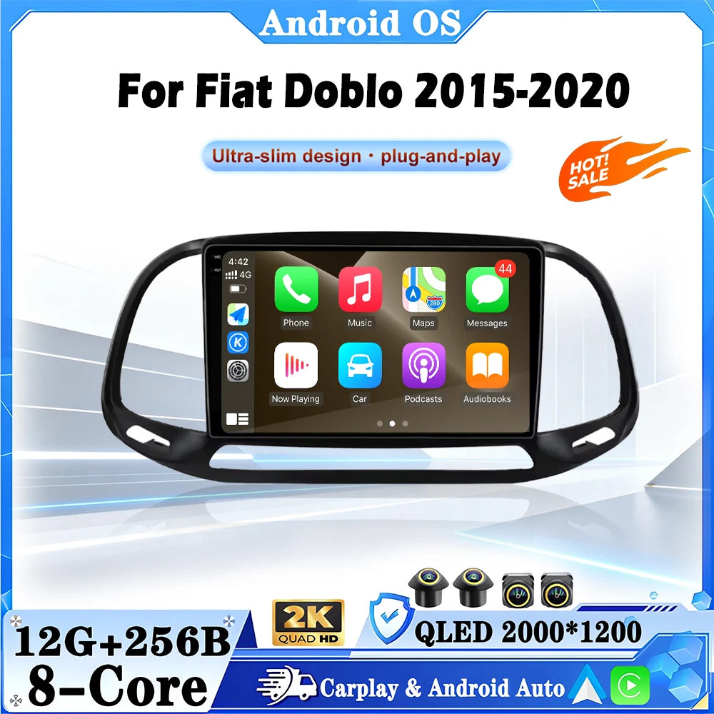 QLED 2400*1200P Android 16 For Fiat Doblo 2015-2020 Car Radio 9" 4G BT Stereo Multimedia P