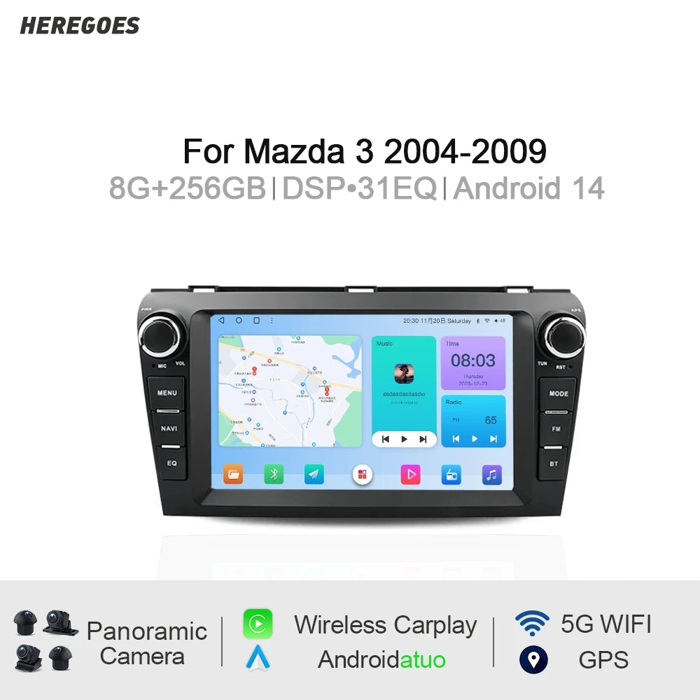 12.3" Car Radio GPS Android 14.0 2 Din Carplay DVD Player 4GB RAM DSP Stereo Bluetooth WiFi Autoradio for Mazda 3 2004-2