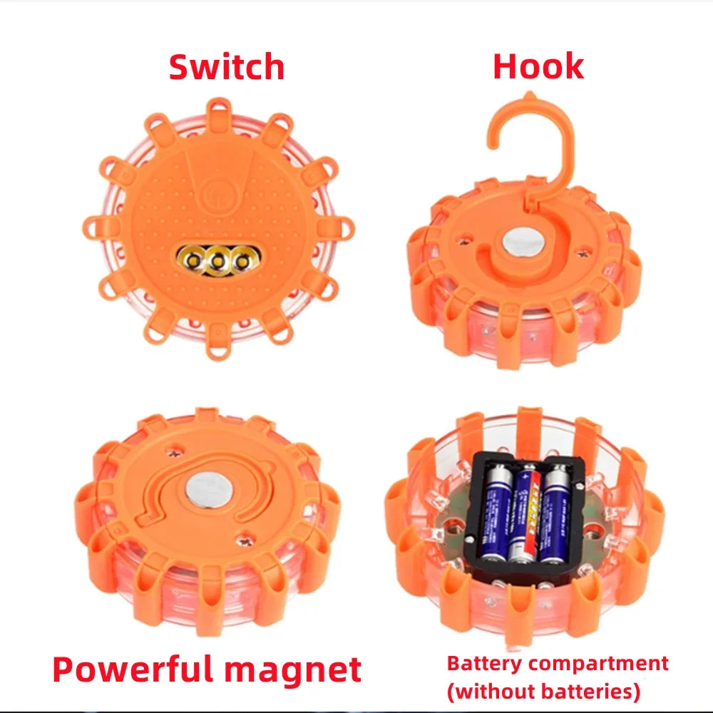Red LED Road Flare Emergency Lights Roadside Safety Beacon Disc Flashing Warning Flare Kit
