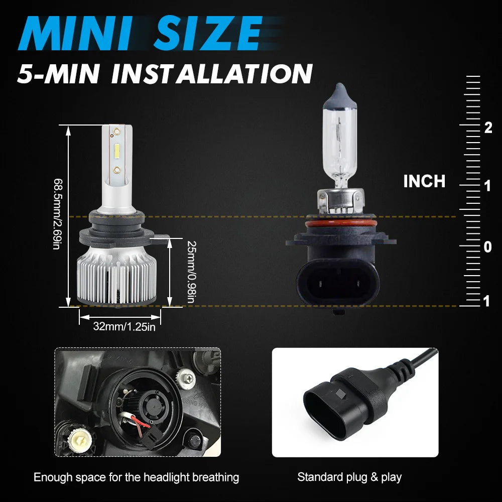 BEVINSEE 9006 HB4 9012 HIR2 LED Headlight Bulbs 60W/Set 10000LM/Pair 6000K White 12V Super