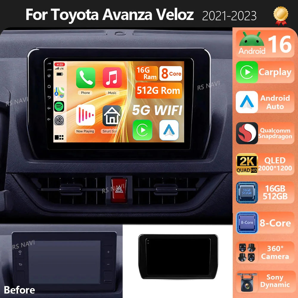 Android 16 Carplay Auto Qualcomm 2K QLED Screen Car Radio Player For Toyota Avanza Veloz 2