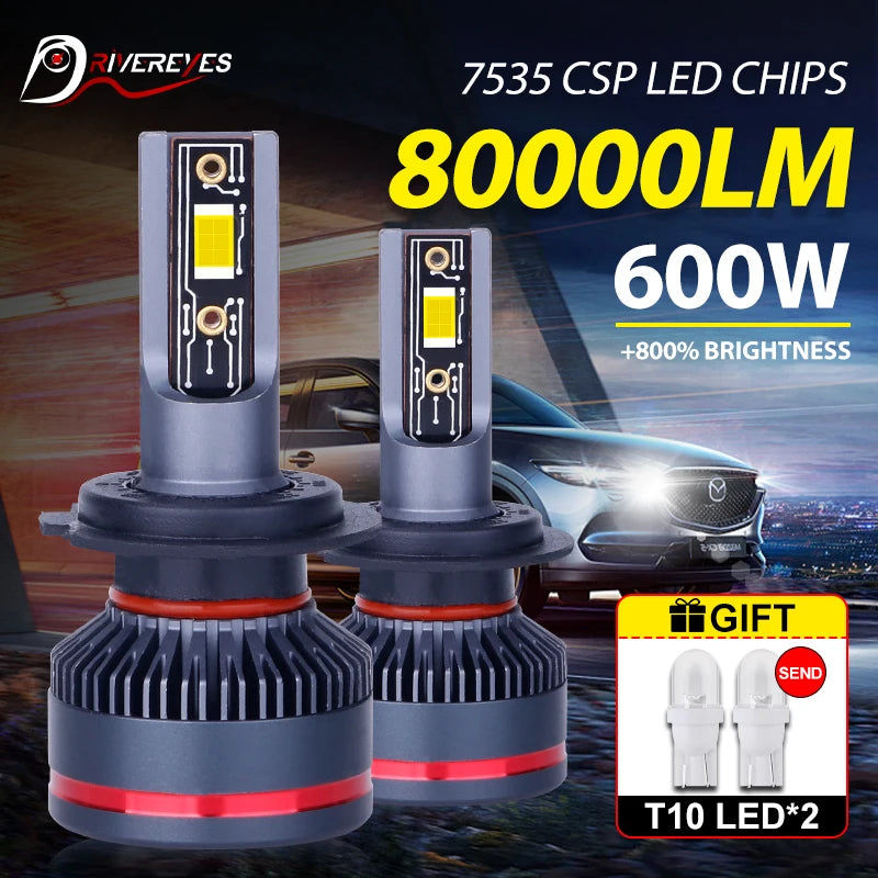 H7 H4 H11 LED Headlights 7535 CSP H1 HB3 HB4 HIR2 9005 9006 9012 Fog Lights 6500K 80000LM