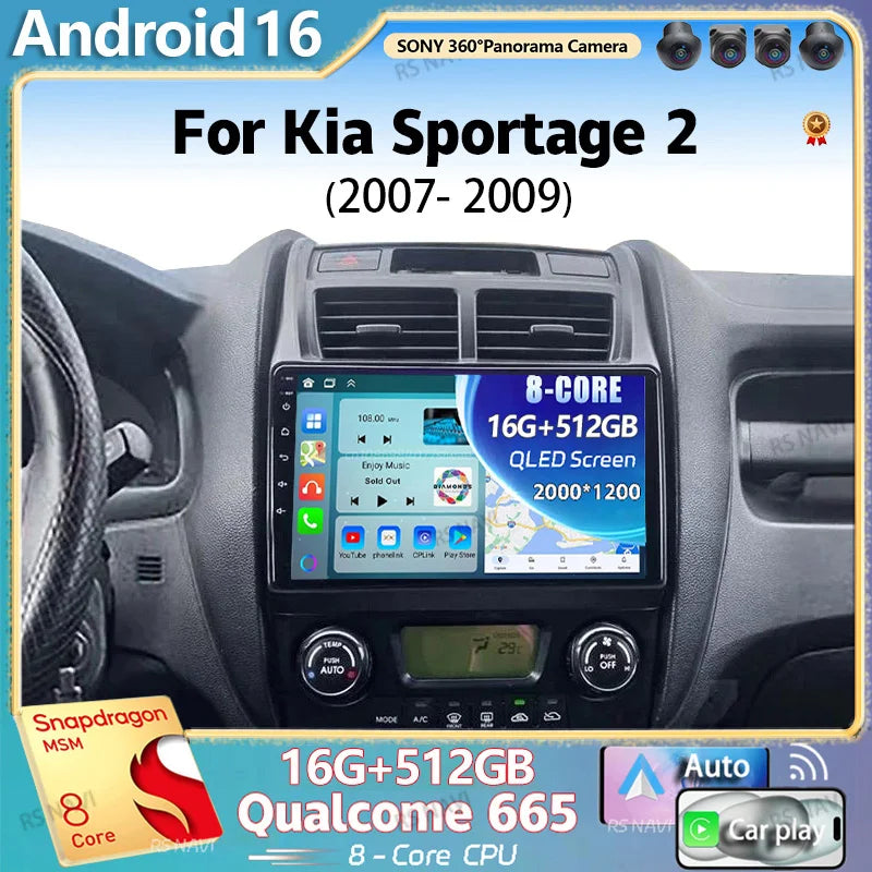 Android 16 For Kia Sportage 2 2007 -2009 2K QLED Android Car Radio Multimedia Video Player