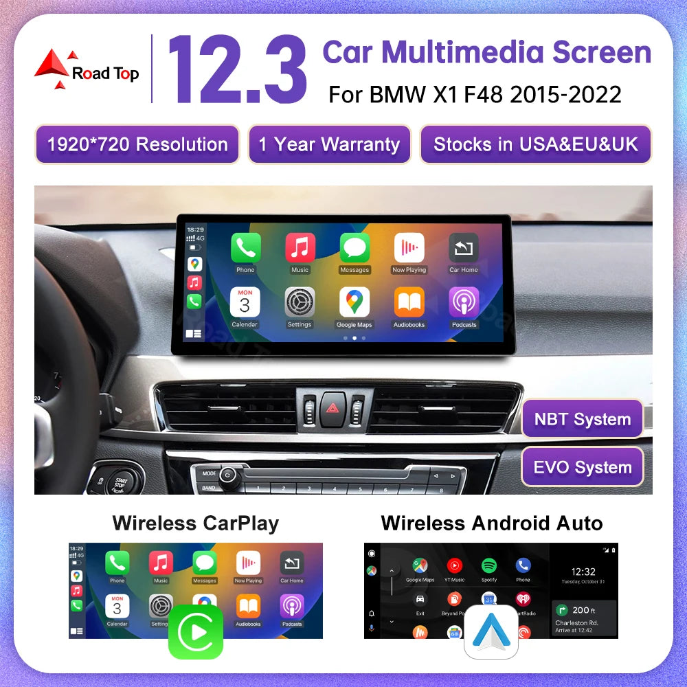 12.3inch Ultra Thin Touch Screen For BMW X1 F48 2015-2022 NBT EVO System Android Auto Wire | AUTOKITSHOP