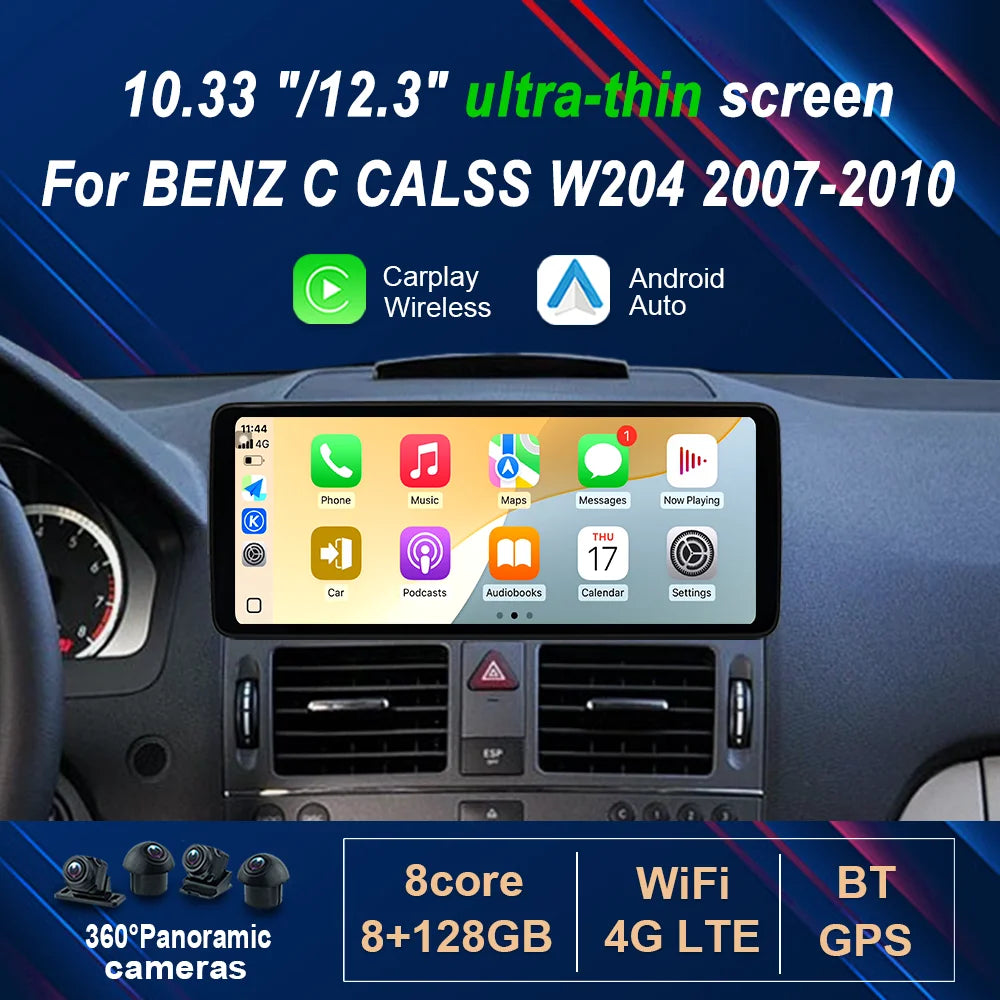 Android 14 Wireless Carplay 10.33 "/12.3" for Mercedes BENZ C CALSS W204 2007 - 2010 Car R