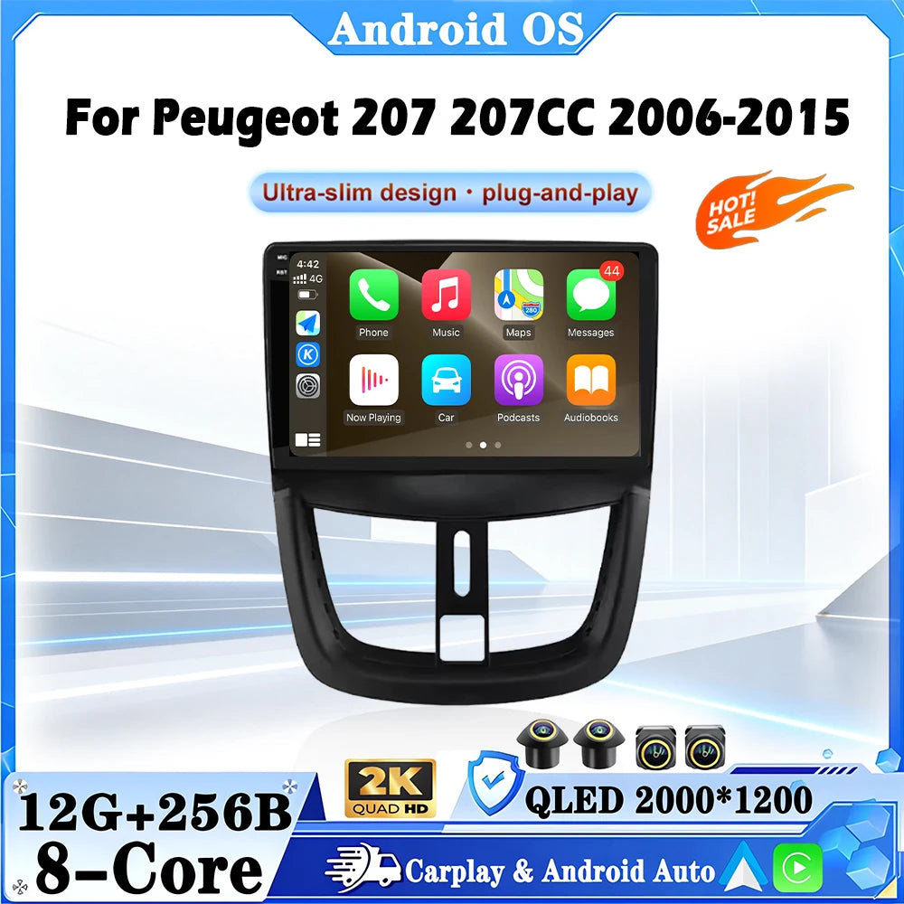 Wireless CarPlay Android 16 For Peugeot 207 207CC 2006-2015 Car Multimedia Player Navigati