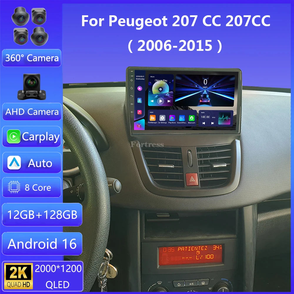 Android 16 Carplay Auto 2K Screen Car Radio BT Multimedia Player For Peugeot 207 CC 207CC