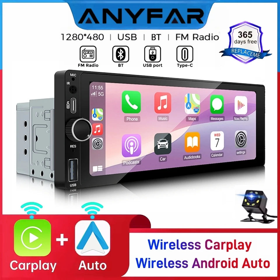 ANYFAR 6.86" 1280*480 1 Din MP5 Player Car Radio Wireless Carplay Android Auto Multimedia  | AUTOKITSHOP