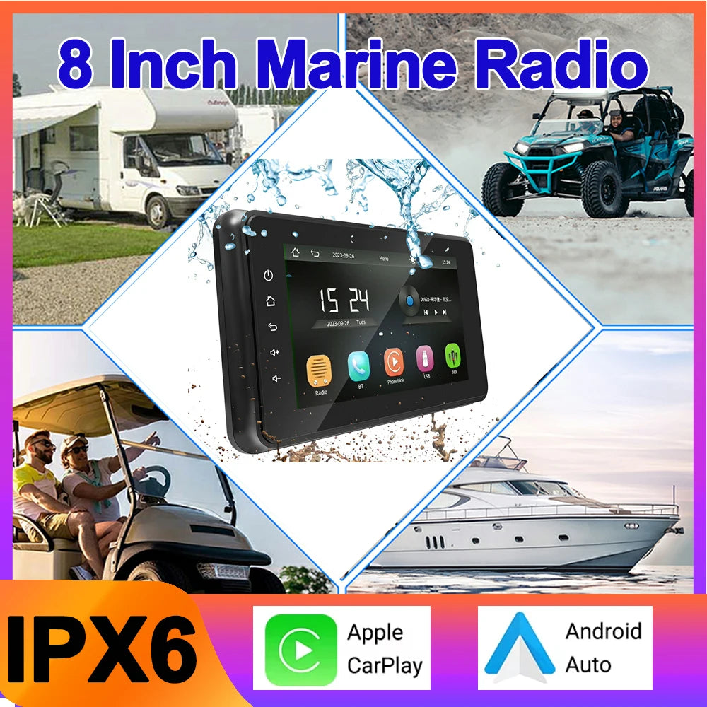 8inch Boat Marine Multimedia Player Wireless CarPlay Android Auto IPX6 Waterproof Bluetoot