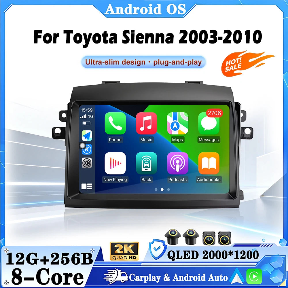 Wifi Car Radio For Toyota Sienna 2003-2010 with Carplay Navigation GPS Android Auto 9 Inch